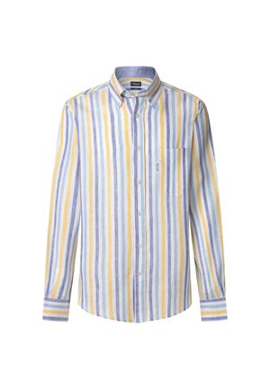 Gestreepte button-up shirt gemaakt van lichte stof, met gele, blauwe en witte verticale strepen, voorzien van een borstzak en knoopmanchetten.