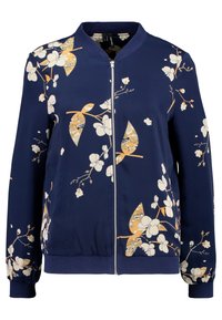 Námořnická bomber bunda s bílým a zlatým květinovým vzorem, zapínání na zip, žebrovaný límec a manžety, a přiléhající pas. Měkká, lehká tkanina.