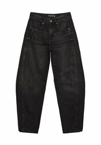 Czarne dżinsy o luźnym kroju, z pięcioma kieszeniami, detalami szycia i lekko zmechaconym wykończeniem. Płaski przód i zwężane nogawki.
