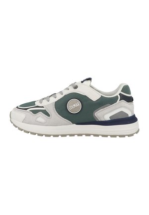 Seitenansicht eines Low-Top-Sneakers mit grünem Mesh, grauem Veloursleder, weißen Akzenten, grauen Schnürsenkeln und einem runden Colmar-Logo auf dem Seitenpanel.