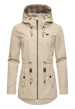 Veste à capuche beige pour femme avec fermeture éclair devant, cordons réglables à la taille et à la capuche, et deux poches avant à boutons.