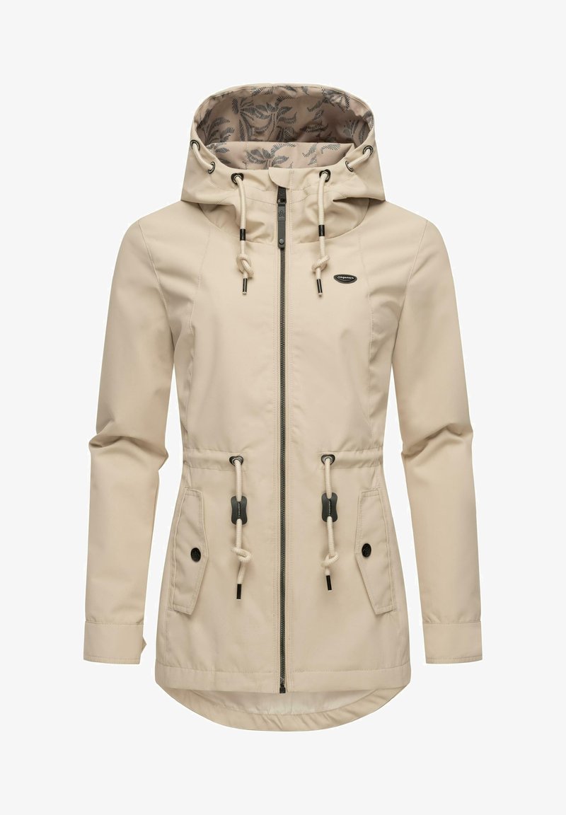 Veste à capuche beige pour femme avec fermeture éclair devant, cordons réglables à la taille et à la capuche, et deux poches avant à boutons.