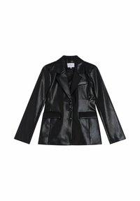 Svart fusk läderblazer med en figursydd design, slagkragar, tre knappar och två framfickor. Slät textur, elegant utseende.