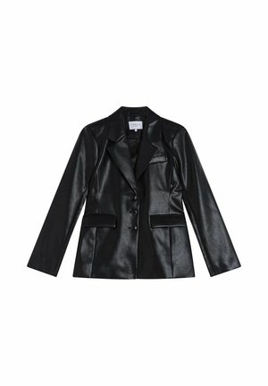 Sort faux læder blazeren med en tætsiddende design, klapkrave, tre knapper og to frontlommer. Glat tekstur, strømlinet udseende.