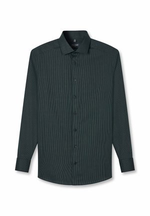 Dunkelgrünes Hemd mit langen Ärmeln und feinem Strukturmuster, mit durchgehender Knopfleiste und klassischem Kragen, flach auf weißem Hintergrund ausgebreitet.