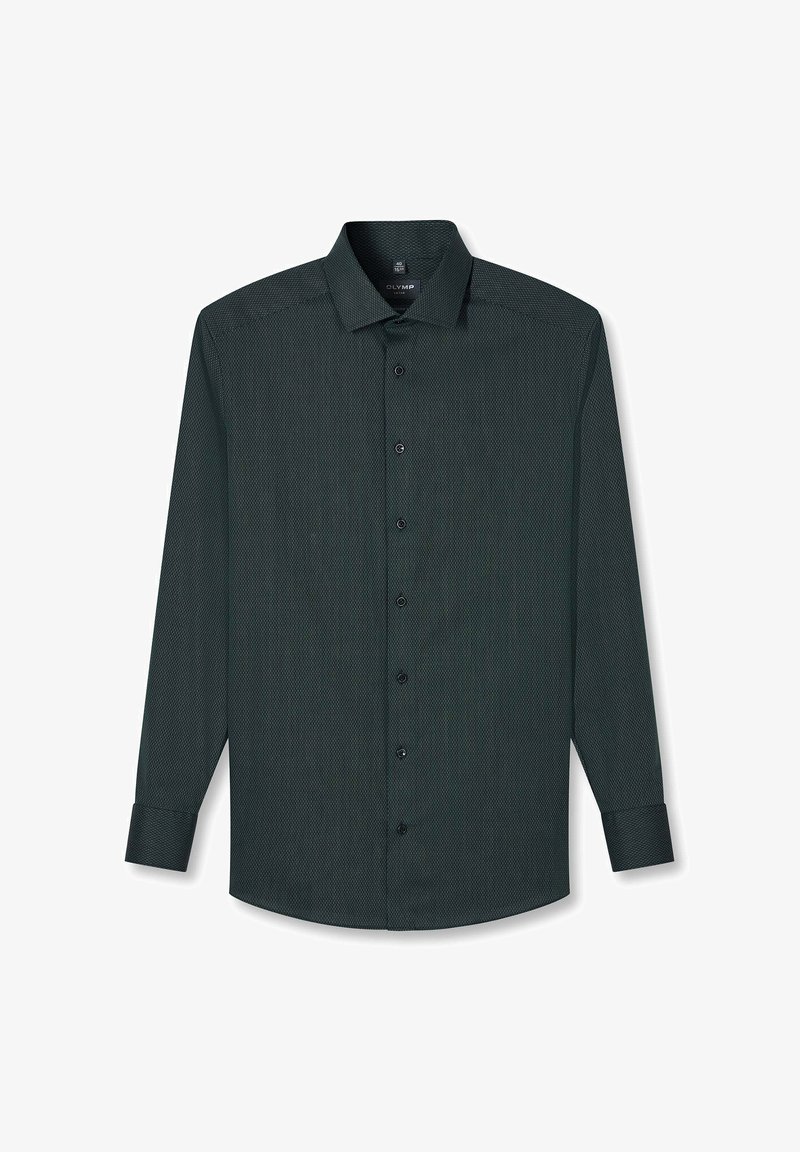 Dunkelgrünes Hemd mit langen Ärmeln und feinem Strukturmuster, mit durchgehender Knopfleiste und klassischem Kragen, flach auf weißem Hintergrund ausgebreitet.