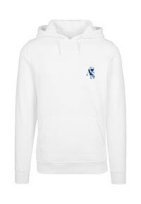 Sudadera blanca con bolsillo delantero y capucha ajustable. Presenta un logotipo gráfico azul en la parte izquierda del pecho. Material suave de mezcla de algodón.