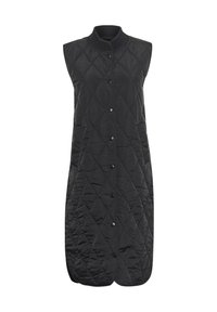 Czarna bezrękawnikowa kamizelka pikowana z wysokim kołnierzem, z diamentowym wzorem, z przodem na zatrzaski i lekko zaokrąglonym dole.