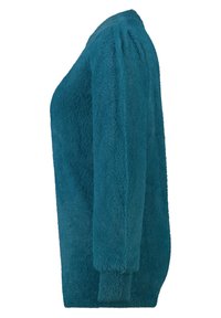 Turquoise fleece trui met lange mouwen, een relaxte pasvorm en geribbelde manchetten. Zachte textuur met een lichte puff bij de schoudernaad.