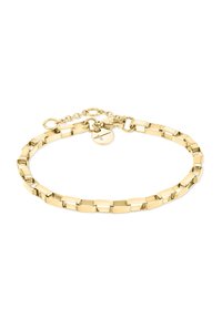 Bracelet en ton or de design en maillons avec des formes rectangulaires et carrées. Longueur ajustable avec une fermeture en métal et un détail de tag.