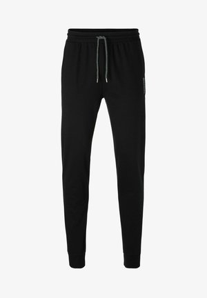 Schwarze Jogginghose aus weichem Stoff, mit elastischem Bund, verstellbarem Kordelzug, schmal zulaufenden Beinen und einem dezenten Logo an der Seite.