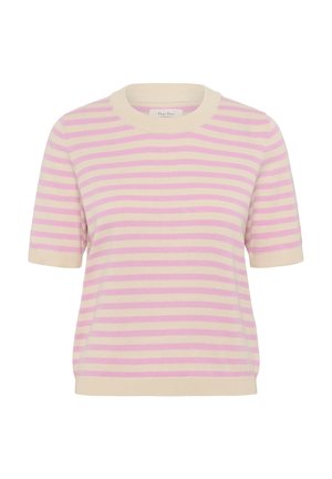 Maglione a maniche corte a righe in crema con strisce rosa chiaro e lavanda. Presenta un colletto tondo a coste e polsini a coste.