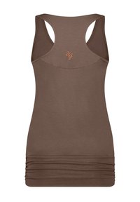 Braunes ärmelloses Tanktop mit rundem Ausschnitt, Racerback-Design, elastischen Raffung am unteren Rand und dezent gesticktem Logo auf der Rückseite.