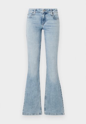 Světlé modré denimsové zvonové džíny s polovičním pasem, pěti kapsami a prošitým detailem podél švů, s kovovým zapínáním na knoflík.