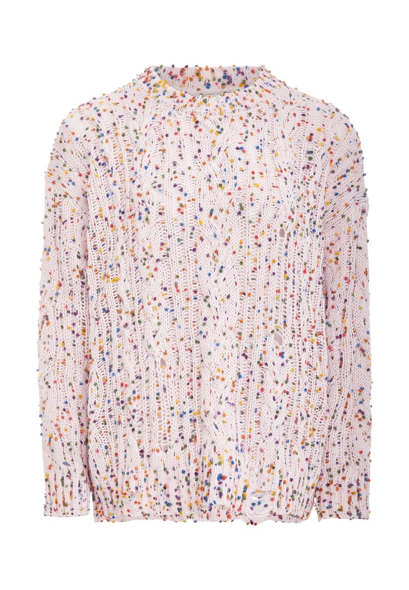Gestickter Pullover in sanftem Rosa mit einem strukturierten Design, das mehrfarbige Sprenkel aufweist. Rundhalsausschnitt und lange Ärmel. Leichter Stoff.