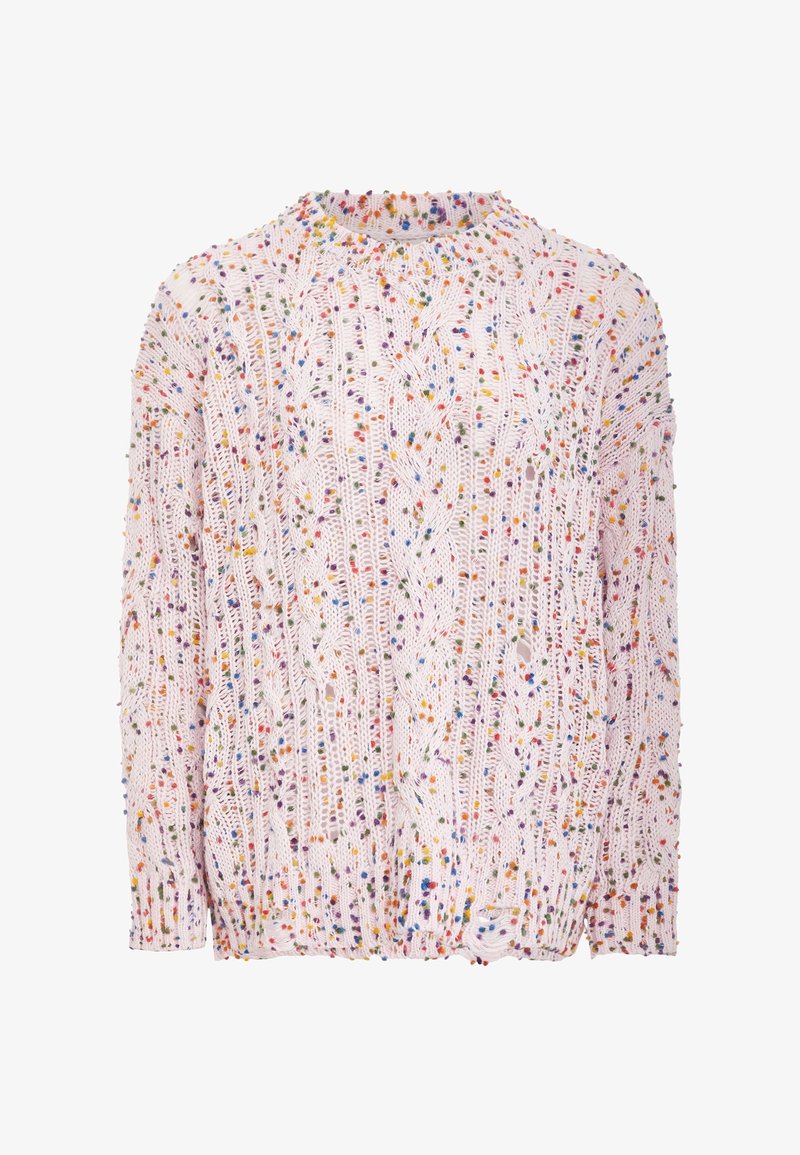 Gestickter Pullover in sanftem Rosa mit einem strukturierten Design, das mehrfarbige Sprenkel aufweist. Rundhalsausschnitt und lange Ärmel. Leichter Stoff.