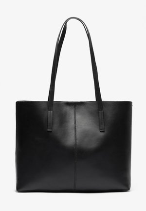 Black leather tote bag with long handles, a rectangular shape, smooth texture, and a center seam detail along the front.