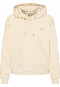 Sudadera color crema con capucha ajustable, puños y dobladillo acanalados, que presenta un logotipo bordado de "Lee" en el pecho. Textura suave y lisa.