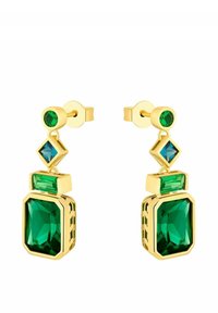 Los pendientes colgantes en tono dorado presentan múltiples piedras preciosas en verde, azul y teal con diversas formas geométricas, con un acabado facetado y pulido.