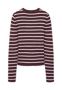 Langärmliger, gerippter Strickpullover mit horizontalen weißen und dunkelroten Streifen, Rundhalsausschnitt und taillierter Silhouette.