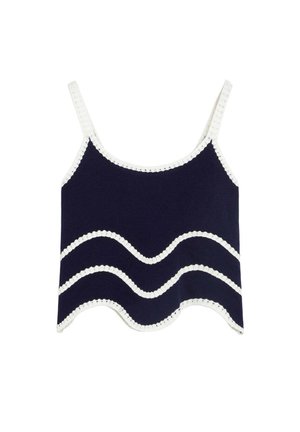 Top corto azul marino con ribete blanco festoneado y dos franjas blancas onduladas en la parte frontal, con tirantes finos.