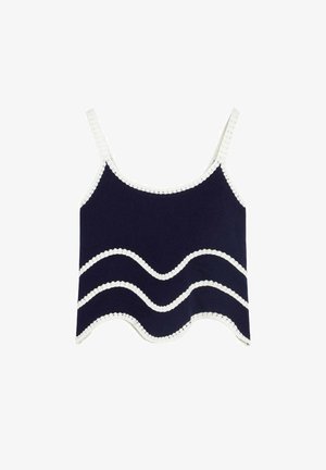 Top corto azul marino con ribete blanco festoneado y dos franjas blancas onduladas en la parte frontal, con tirantes finos.