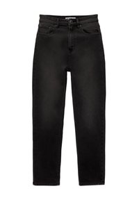 Jean en denim noir à taille haute, avec une coupe droite, cinq poches et une fermeture à bouton. Texture lisse, détails de couture minimaux.