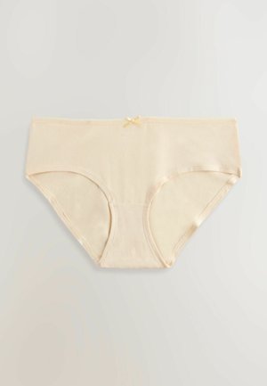 Beige katoenen string met een gladde textuur, met een klein strikdetail in het midden en elastische randen. Klassiek hipster ontwerp.