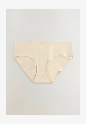 Beige bomuldsboksershorts med en glat tekstur, der har en lille sløjfedetalje foran i midten og elastiske kanter. Klassisk hipsterdesign.