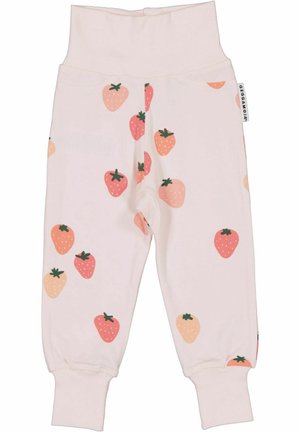 Pehmeät vaaleanpunaiset vauvan housut, joissa on persikan ja korallin sävyisiä mansikkaprinttejä, joustava vyötärönauha ja resorit sekä pieni sivulappu.