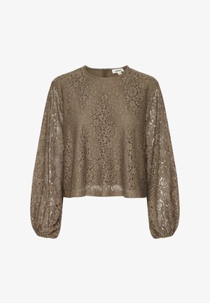 Oliivroheline pitsbluus pikkade puhvärvidega, ümar neel ja peen lillemustri. Omab seljal tõmblukku.