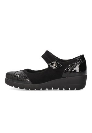 Zapatos Mary Jane negros con puntera y talón de charol texturizado, parte superior de ante y una correa de Velcro para un ajuste seguro.