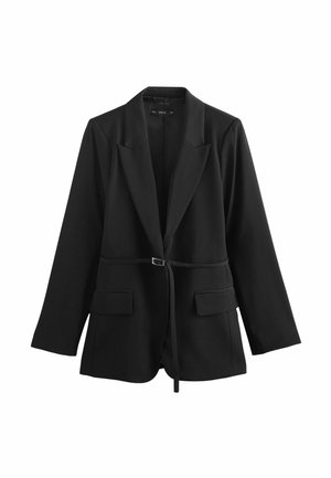 Black blazer with a tailored design, structured lapels, front pockets, a belted waist, and textured fabric.