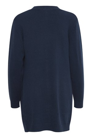 Tumši zils džemperis ar garām piedurknēm, adīts, ar ribotiem aproču un apakšmalas apdares elementiem, redzams no aizmugures.