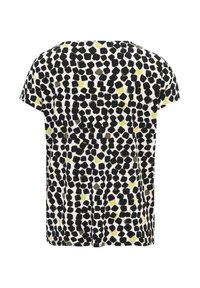 T-shirt met korte mouwen, voorzien van een gevarieerd abstract patroon in zwart, grijs en limoen groen op een lichte achtergrond; gemaakt van zachte stof.