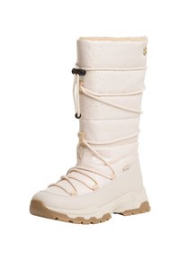 Botte d'hiver blanche avec un empeigne texturée, doublure en fausse fourrure, système de laçage ajustable et une semelle tan robuste pour une meilleure traction.