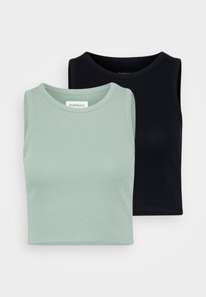Lot de deux tops sans manches : un en vert menthe clair et un en noir. Caractéristiques d'une texture douce et en ribbed, avec un design classique à encolure ronde.
