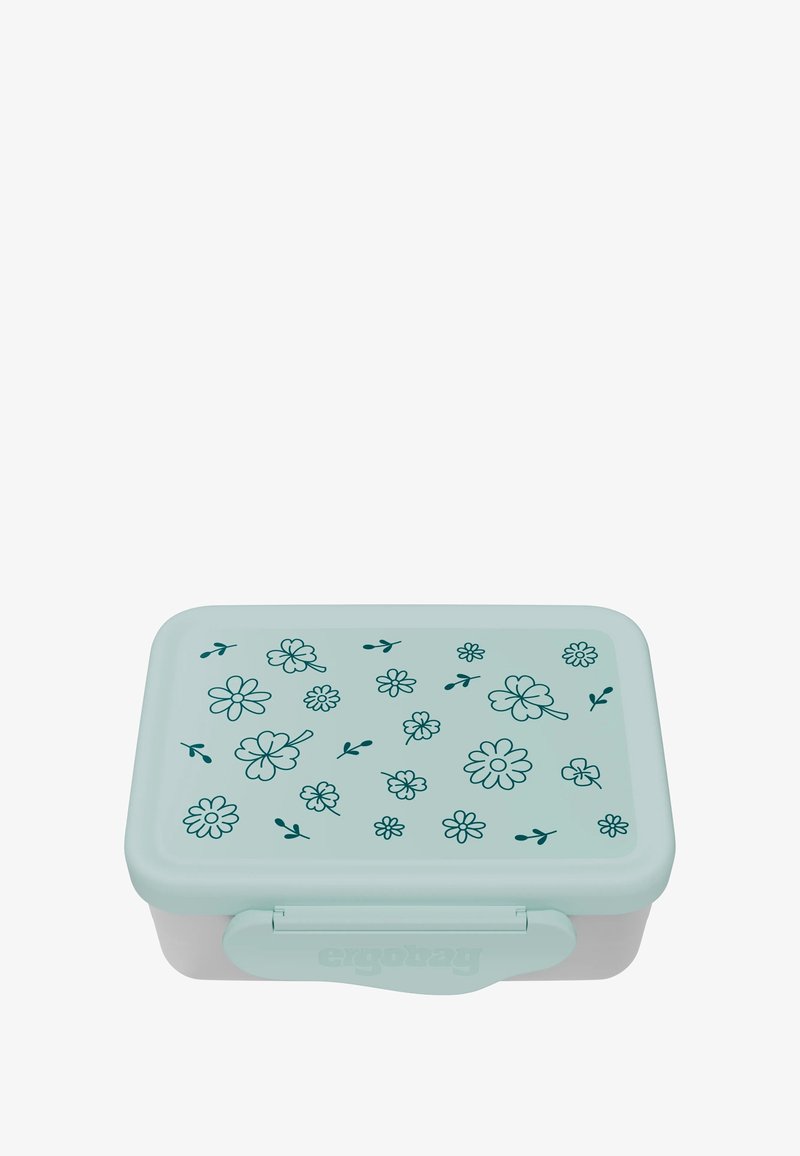 Mintgrüne Lunchbox mit floralem Muster in dunklem Grün, rechteckige Form, aus Kunststoff und mit einem sicheren Verschluss auf der Vorderseite.