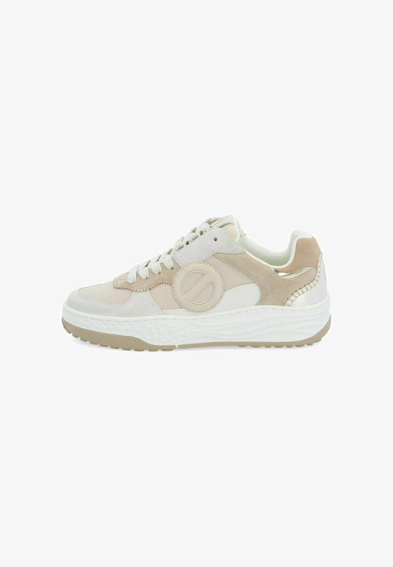 Beige sneaker featuring a mix of suede and mesh, round logo detail, flat laces, and a textured white sole with light brown accents.