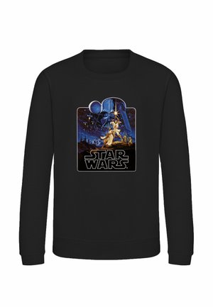 Sort sweatshirt med vintage Star Wars-plakat, der viser Darth Vaders hjelm, Luke Skywalker med et lyssværd og Star Wars-logoet.
