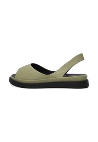 Offene Slingback-Sandale aus hellgrünem Leder mit runder Form, schwarzem Gummisohle und glatter Textur. Verfügt über eine breite Frontöffnung.