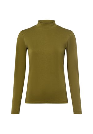 Olivenfarbener, langärmeliger Rollkragenpullover mit taillierter Passform und schlichter Gestaltung auf einem weißen Hintergrund.