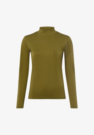 Olivenfarbener, langärmeliger Rollkragenpullover mit taillierter Passform und schlichter Gestaltung auf einem weißen Hintergrund.