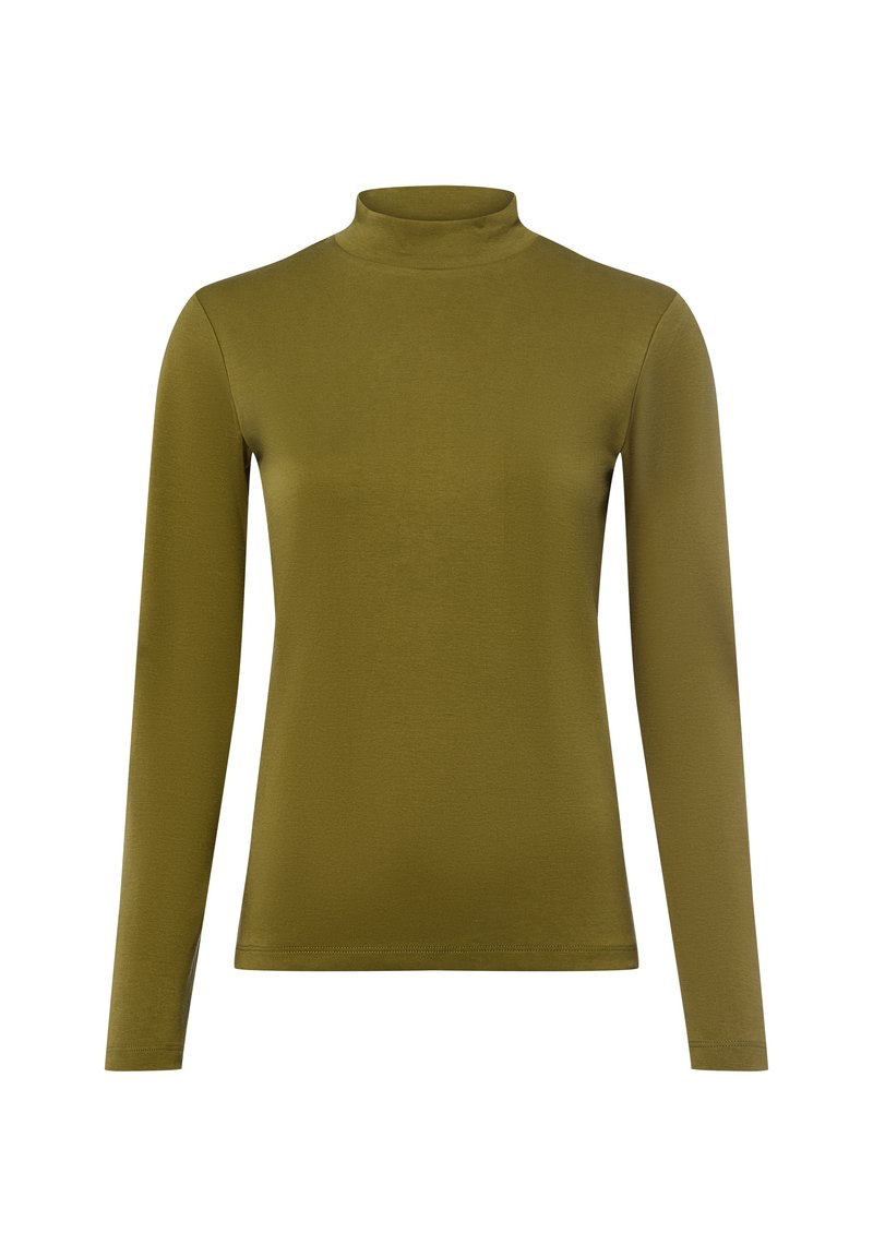 Maglione a maniche lunghe verde oliva con collo a imbuto, dalla linea aderente e design semplice, su uno sfondo bianco.