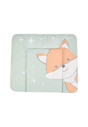 Light green padded mat featuring an illustration of a smiling fox with orange and white accents, complemented by small star patterns.