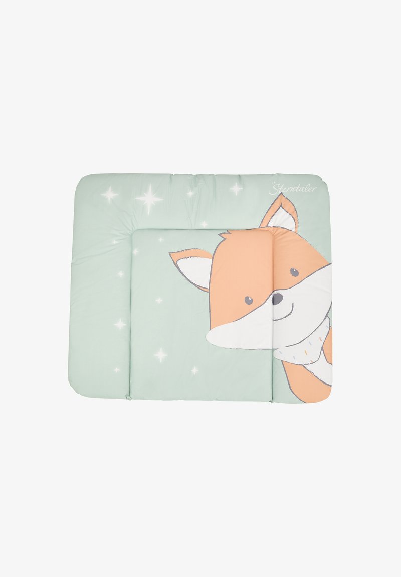 Light green padded mat featuring an illustration of a smiling fox with orange and white accents, complemented by small star patterns.