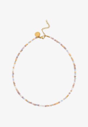 Monivärinen helmikaulakoru, jossa on vaaleanpunaisia, sinisiä ja kermahenkisiä sävyjä, joita on rikastettu kultaisilla yksityiskohdilla. Säädettävä ketjun pituus.