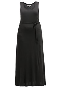 Black sleeveless maxi dress in soft fabric, featuring a fitted waist with a tied belt, scoop neckline, and flowing skirt.