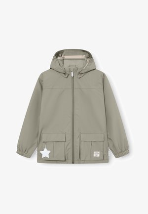 Khakifarbene Kapuzenjacke mit vorderem Reißverschluss, zwei großen Taschen, elastischen Bündchen und einem weißen Sternelement auf der linken Tasche. Glatte Textur.