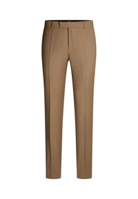 Pantaloni beige su misura con design a gamba dritta, caratterizzati da una sottile trama del tessuto, pieghe pressate e una vita piatta.